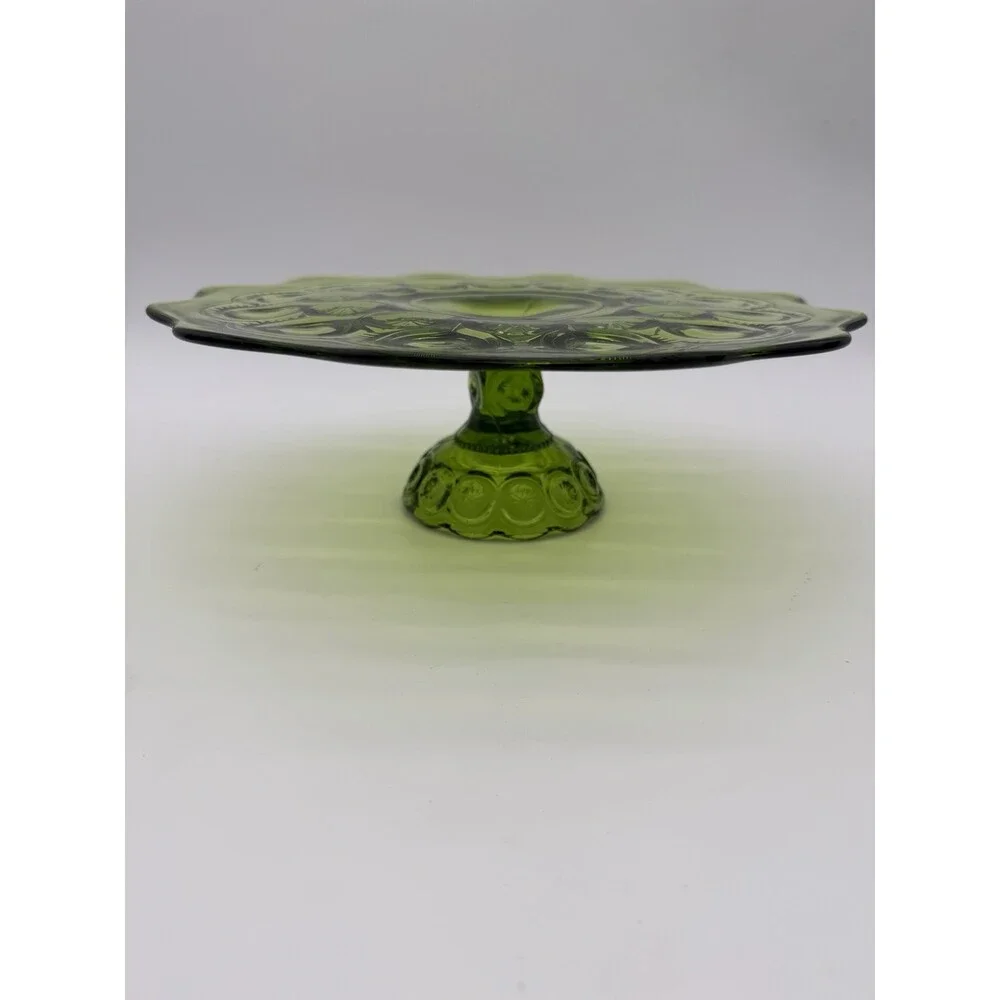 MCM LE Smith Moon & Star Cake Stand Heritage Green Art Glass Pastry Plate 11”